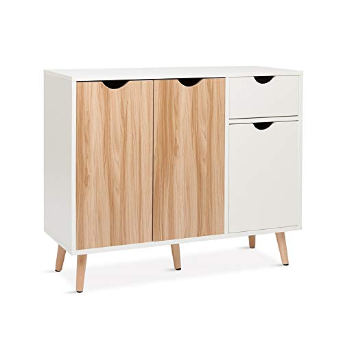 Meerveil-Buffet-Meuble-de-Rangement-3-Portes-1-Tiroir-Convient-pour-Salon-Cuisine-Salle--Manger-Chne-et-Blanc-90-x-30-x-73-cm-0