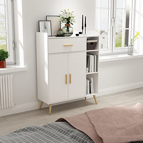 Meerveil-Buffet-Meuble-de-Rangement-avec-Tiroirs-et-2-Portes-en-Bois-pour-Salon-Chambre-Couloir-Blanc-0-0