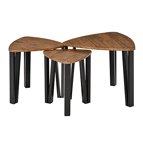 HOMCOM-Ensemble-de-3-Tables-Basses-gigognes-encastrables-Style-Industriel-pitements-mtal-Noir-en-pingle-Plateaux-Aspect-Bois-de-Noyer-0