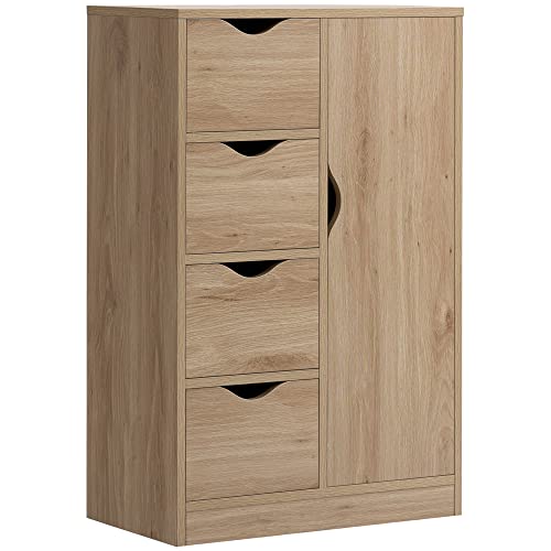 HOMCOM-Meuble-de-Rangement-Buffet-Commode-Moderne-1-Placard-et-4-tiroirs-Panneaux-Particules-pour-Salon-Cuisine-entre-Salle--Manger-Naturel-0