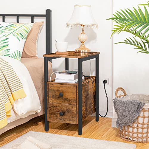 HOOBRO-Table-dAppoint-avec-Station-de-Charge-Table-de-Chevet-avec-2-Tiroirs-Ports-USB-et-Prises-de-Courant-Bout-de-Canap-pour-Petits-Espaces-Salon-Chambre-Marron-Rustique-EBF542BZ01-0-2