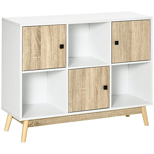 HOMCOM-Buffet-de-Salle--Manger-et-Cuisine-Meuble-de-Rangement-Commode-avec-6-Compartiments-Blanc-et-Aspect-Bois-dim-96L-x-30P-x-75H-cm-0