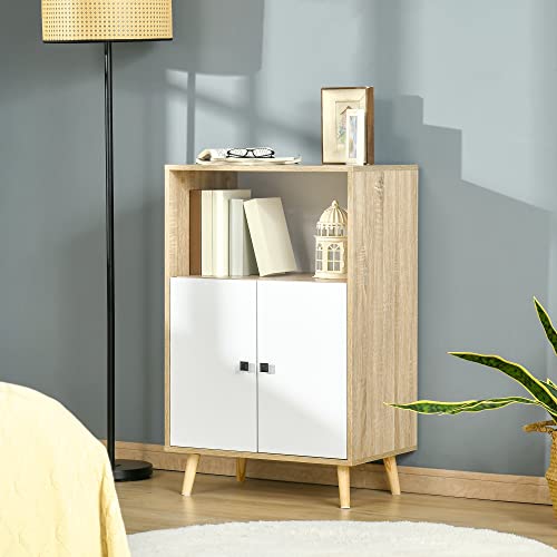 HOMCOM-Meuble-de-Rangement-Buffet-Design-scandinave-Placard-Niche-Ouverte-Pieds-Bois-Massif-pin-Panneaux-Particules-Blanc-chne-Clair-0-0