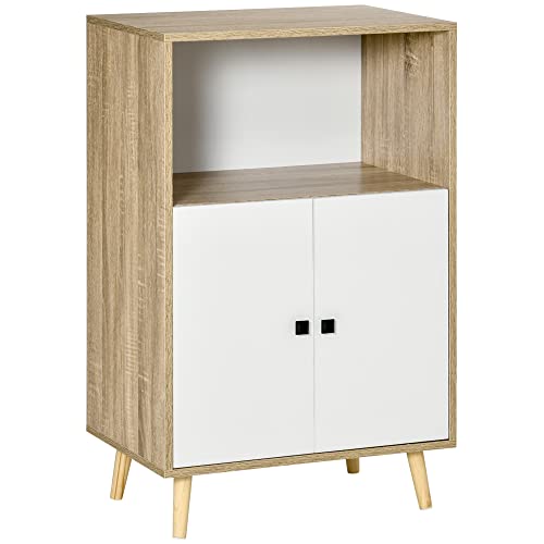 HOMCOM-Meuble-de-Rangement-Buffet-Design-scandinave-Placard-Niche-Ouverte-Pieds-Bois-Massif-pin-Panneaux-Particules-Blanc-chne-Clair-0