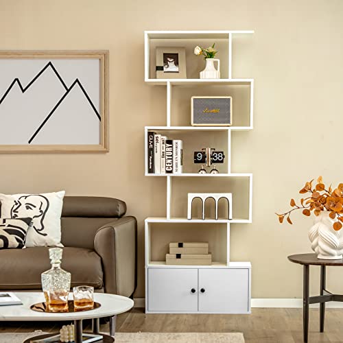 COSTWAY-Bibliothque-Mural-avec-5-Etagres-en-Forme-de-S-et-Compartiments-2-Portes-pour-Salon-Bureau--Domicile-Chambre-70-x-23-x-183-cm-MarronBlancBlanc-0-0