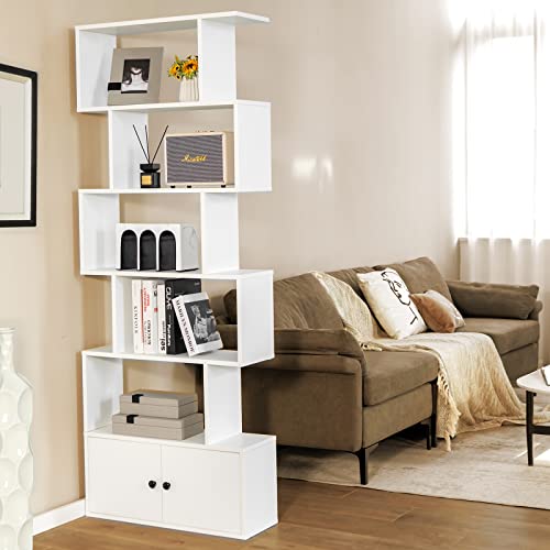 COSTWAY-Bibliothque-Mural-avec-5-Etagres-en-Forme-de-S-et-Compartiments-2-Portes-pour-Salon-Bureau--Domicile-Chambre-70-x-23-x-183-cm-MarronBlancBlanc-0-1