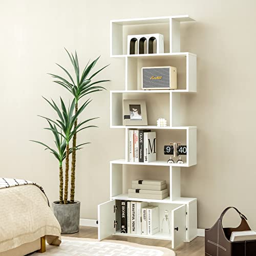 COSTWAY-Bibliothque-Mural-avec-5-Etagres-en-Forme-de-S-et-Compartiments-2-Portes-pour-Salon-Bureau--Domicile-Chambre-70-x-23-x-183-cm-MarronBlancBlanc-0-2