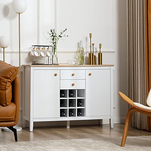 HOMCOM-Buffet-Meuble-de-Rangement-avec-2-tiroirs-2-Portes-tagres-rglables-et-Porte-Bouteilles-pour-9-Bouteilles-dim-110I-x-35P-x-75H-cm-0-0