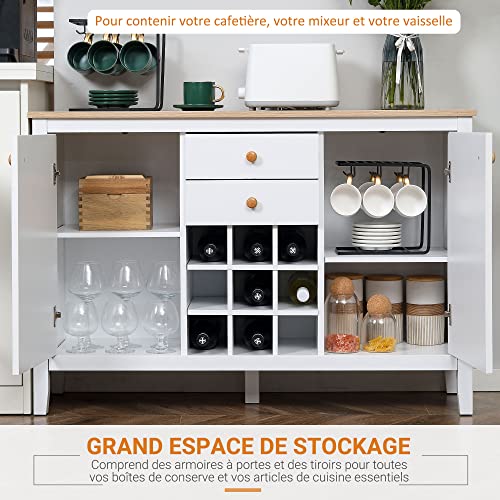 HOMCOM-Buffet-Meuble-de-Rangement-avec-2-tiroirs-2-Portes-tagres-rglables-et-Porte-Bouteilles-pour-9-Bouteilles-dim-110I-x-35P-x-75H-cm-0-2