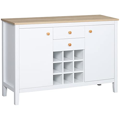 HOMCOM-Buffet-Meuble-de-Rangement-avec-2-tiroirs-2-Portes-tagres-rglables-et-Porte-Bouteilles-pour-9-Bouteilles-dim-110I-x-35P-x-75H-cm-0