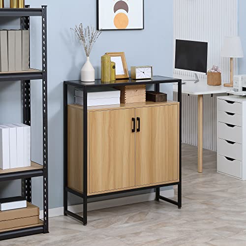 HOMCOM-Buffet-Meuble-de-Rangement-avec-Placard-2-Portes-et-1-tagre-MDF-et-Verre-82-x-30-x-98-cm-pitement-mtal-Noir-0-0