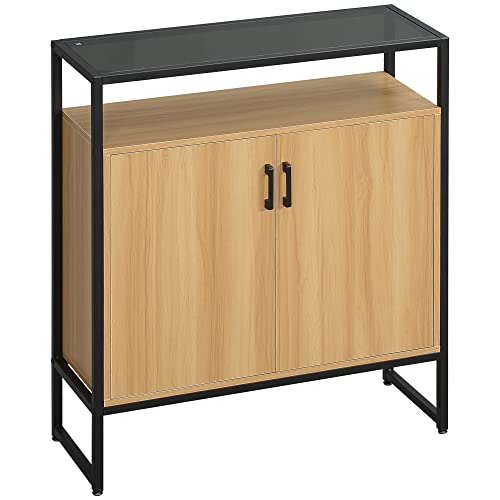 HOMCOM-Buffet-Meuble-de-Rangement-avec-Placard-2-Portes-et-1-tagre-MDF-et-Verre-82-x-30-x-98-cm-pitement-mtal-Noir-0