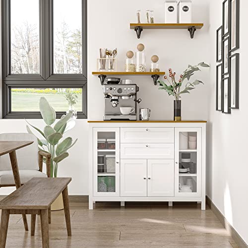 HOMCOM-Buffet-Style-Classique-Chic-Multi-Rangement-2-Portes-2-tagres-rglables-2-tiroirs-coulissants-Placard-2-Portes-MDF-Blanc-Plateau-Aspect-Bois-Clair-0-0