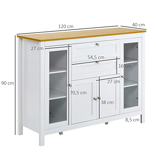 HOMCOM-Buffet-Style-Classique-Chic-Multi-Rangement-2-Portes-2-tagres-rglables-2-tiroirs-coulissants-Placard-2-Portes-MDF-Blanc-Plateau-Aspect-Bois-Clair-0-1