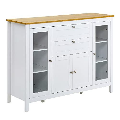 HOMCOM-Buffet-Style-Classique-Chic-Multi-Rangement-2-Portes-2-tagres-rglables-2-tiroirs-coulissants-Placard-2-Portes-MDF-Blanc-Plateau-Aspect-Bois-Clair-0