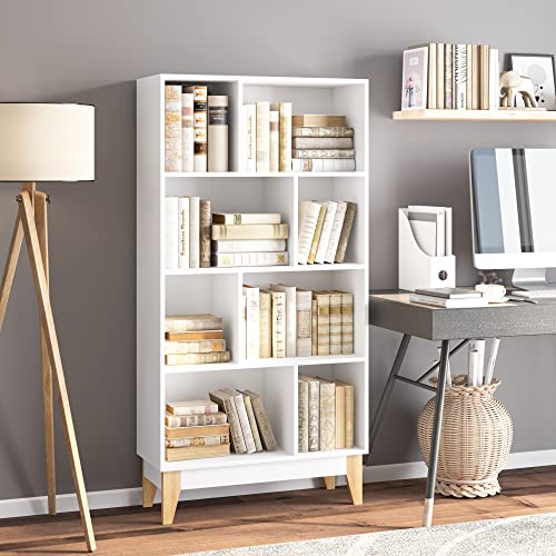 Bibliothque-4-Niveaux-8-Casiers-Ouverts-Armoire-sur-Pieds-tagre-de-Rangement-en-Bois-pour-Salon-Bureau-75x295x1475cm-Blanc-0-2